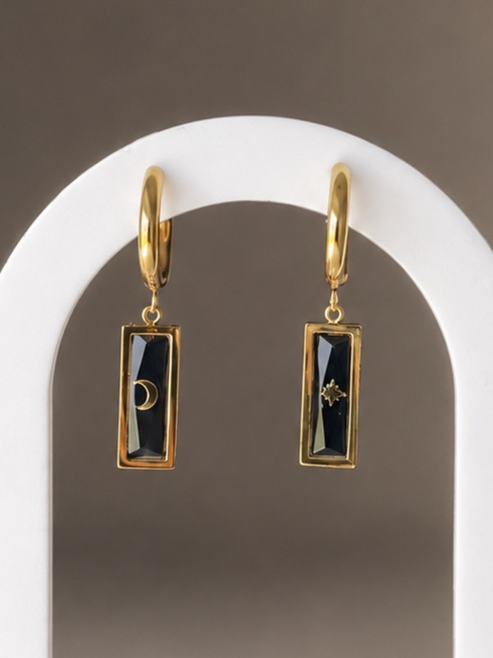 18K Gold Plated Moon & Star Black CZ Hoop Earrings